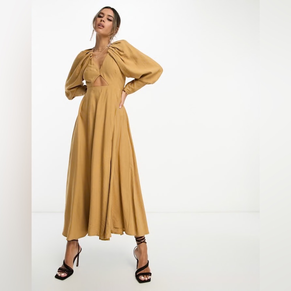 ASOS EDITION pleat shoulder midi dress with cut out back, camel, size 8
